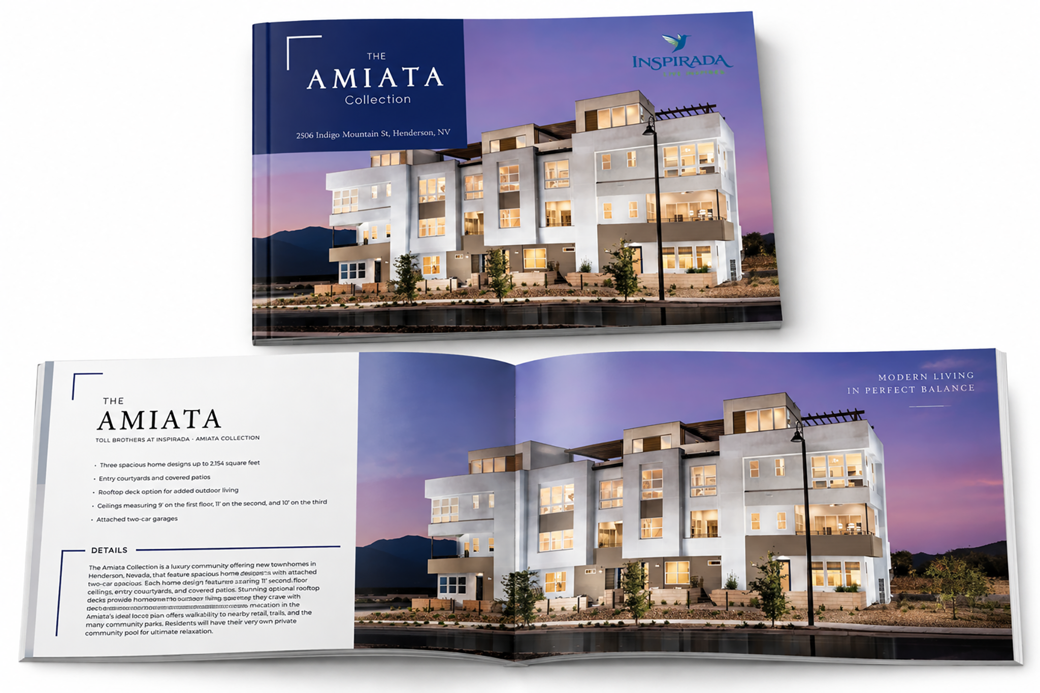 Amiata brochure system showing the finished cover and open interior spread