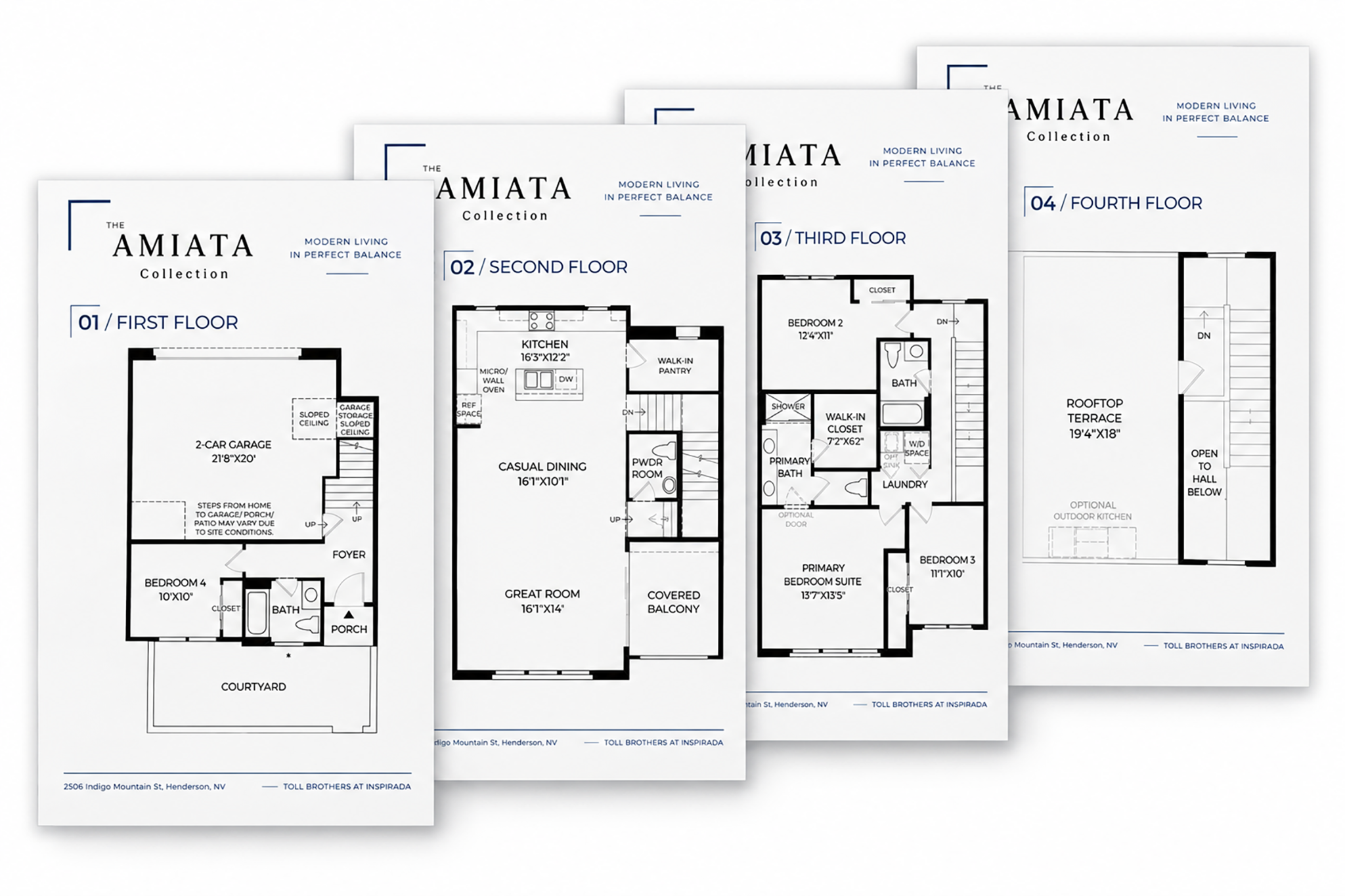 Four coordinated Amiata floor-plan sheets presented as one system