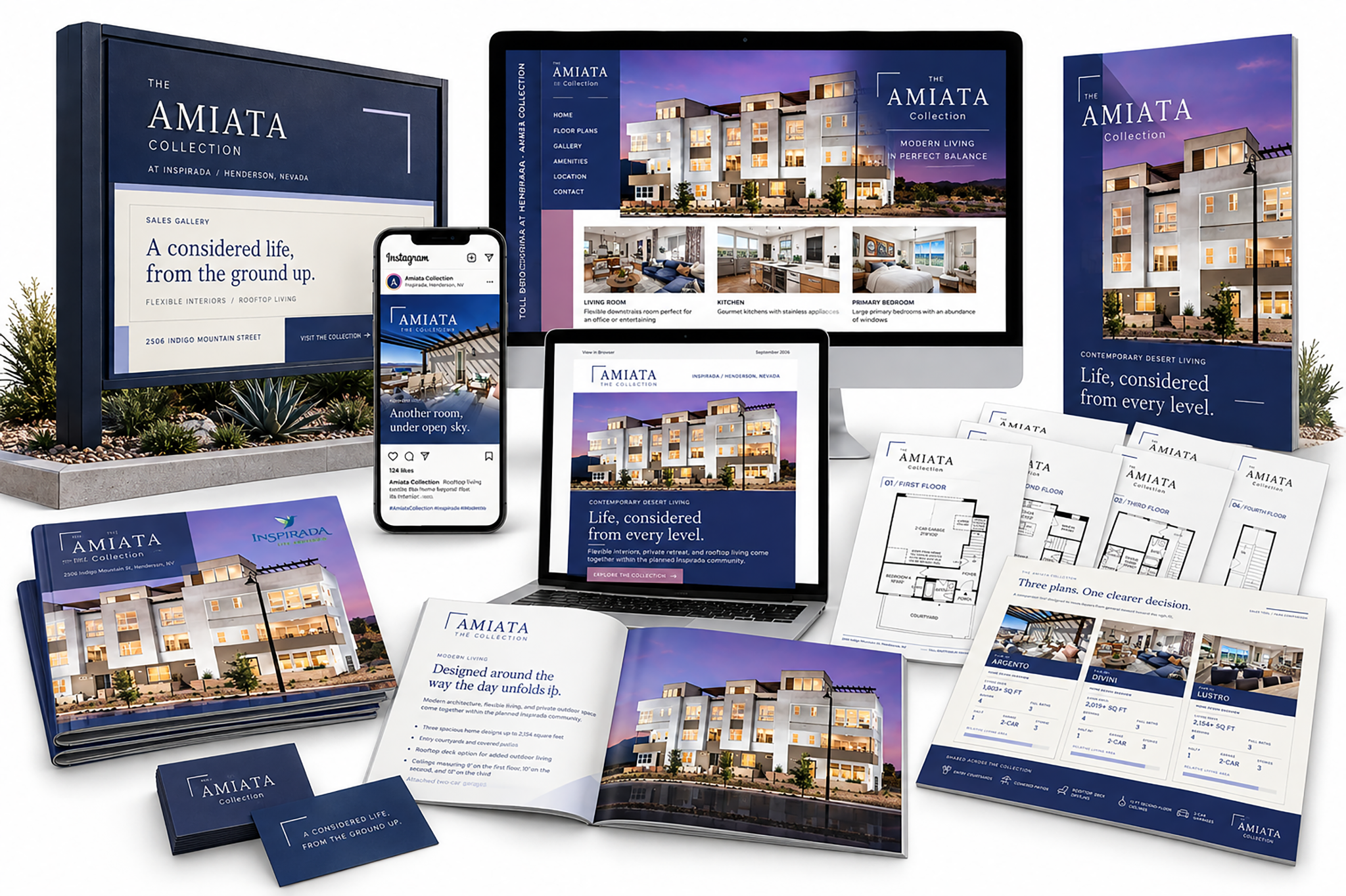 The complete Amiata integrated marketing system including website, mobile, brochure, floor plans, email, social media, signage, and sales materials