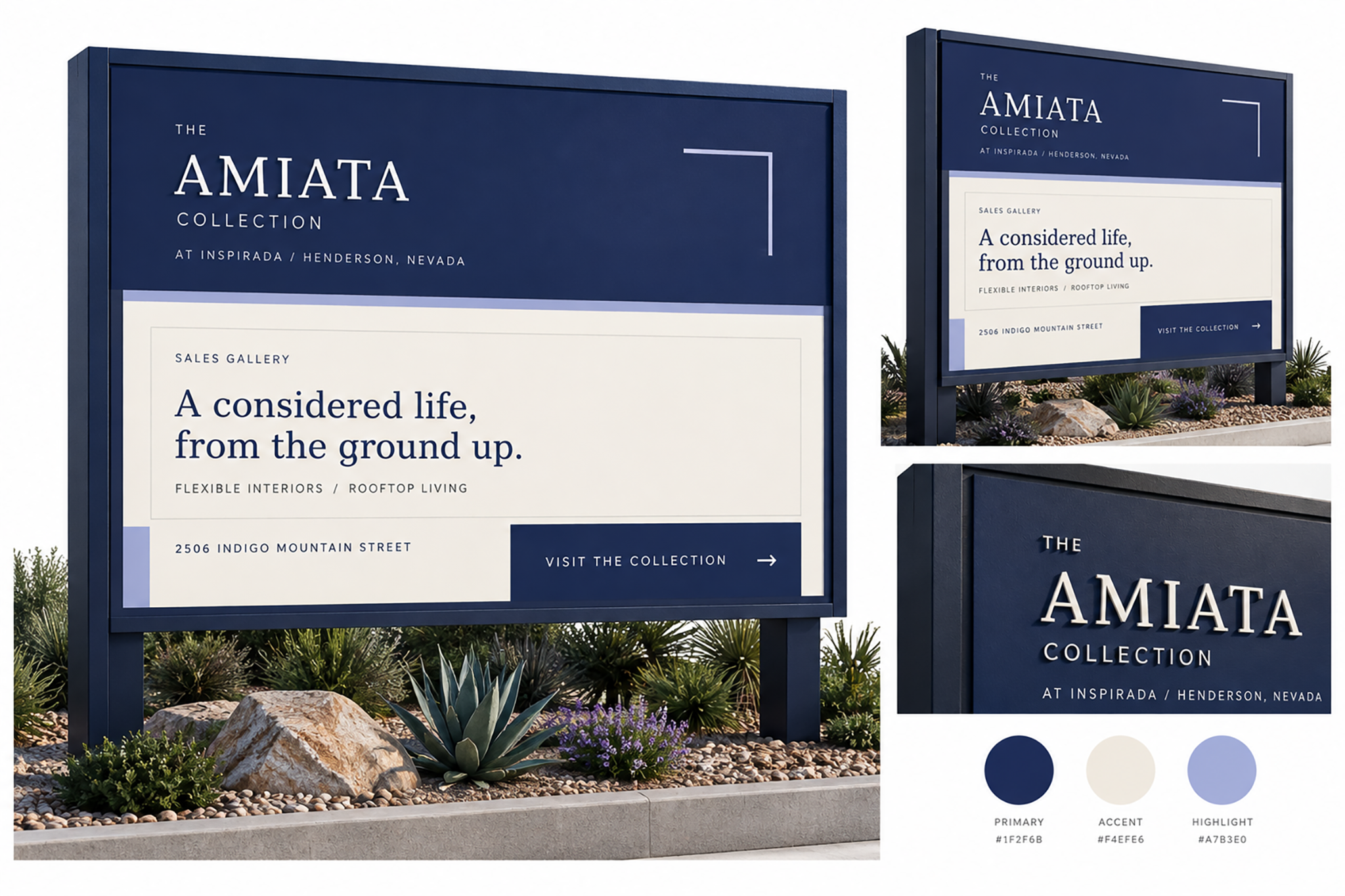 Amiata exterior sales-gallery signage system and material details