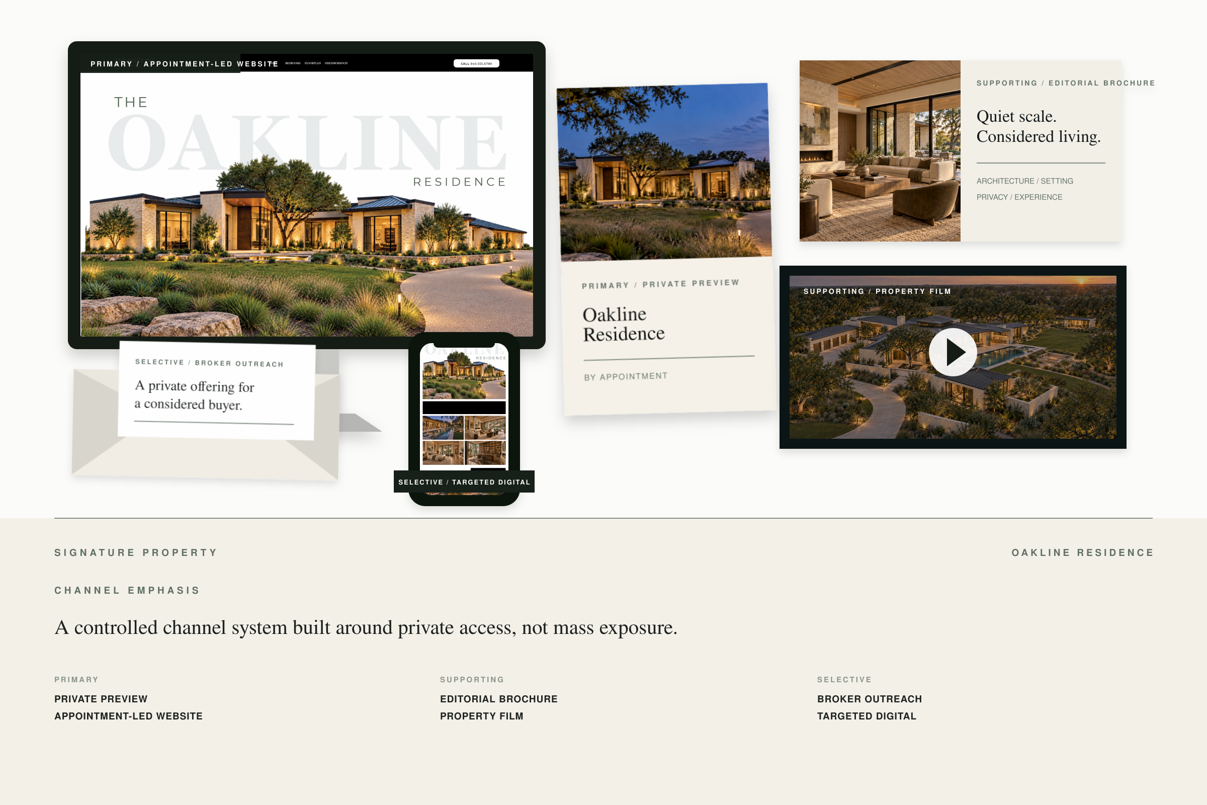 Oakline sample marketing system showing coordinated property marketing across print and digital channels