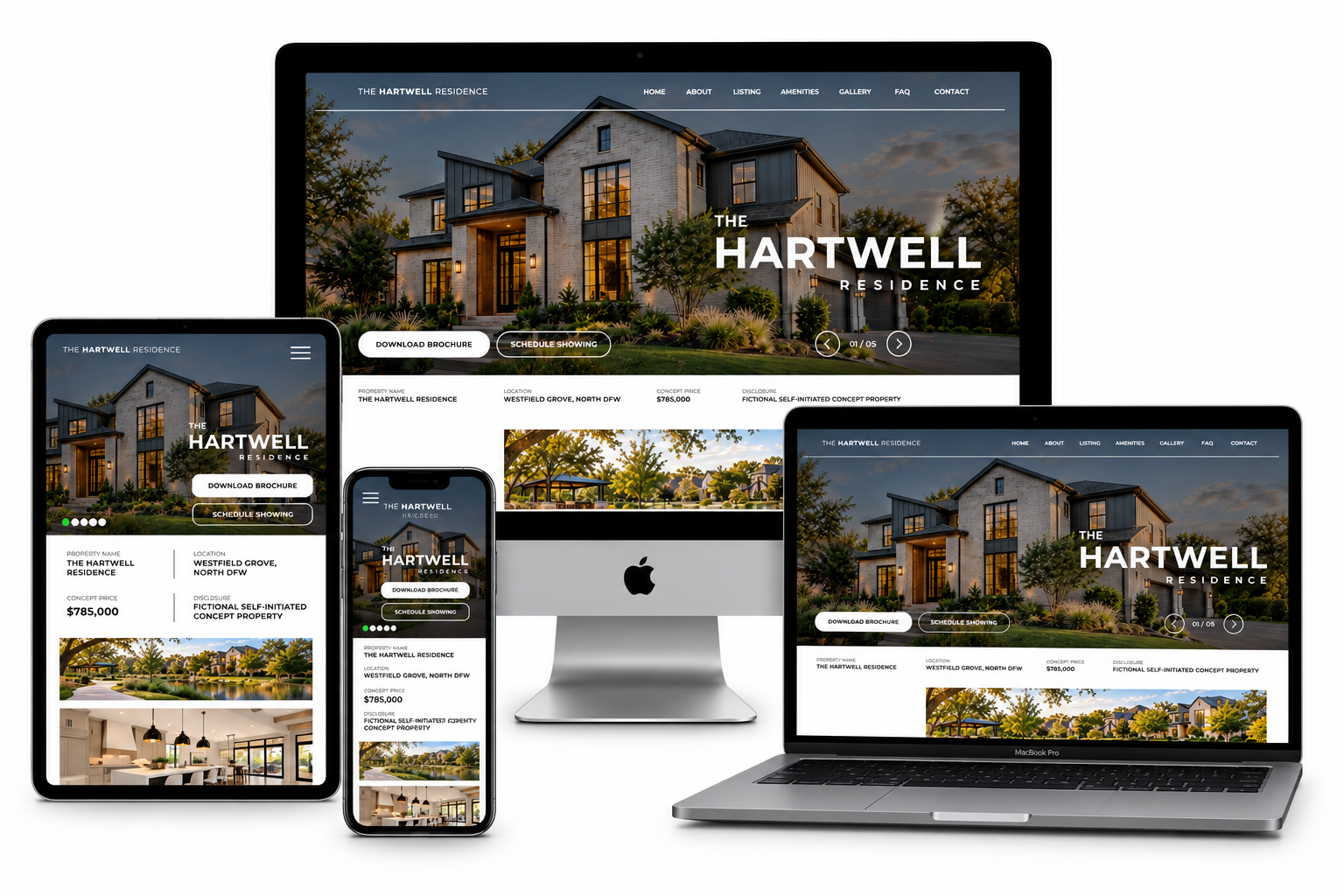 Hartwell Residence website system across desktop, laptop, tablet, and phone