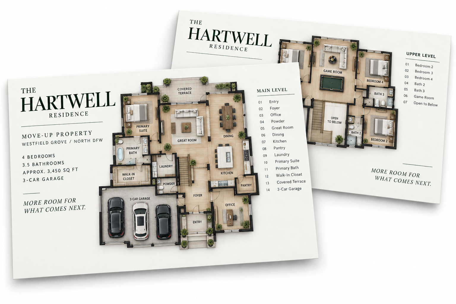 Hartwell Residence main and upper-level floor-plan presentation for a four-bedroom, three-and-a-half-bathroom Move-Up Property
