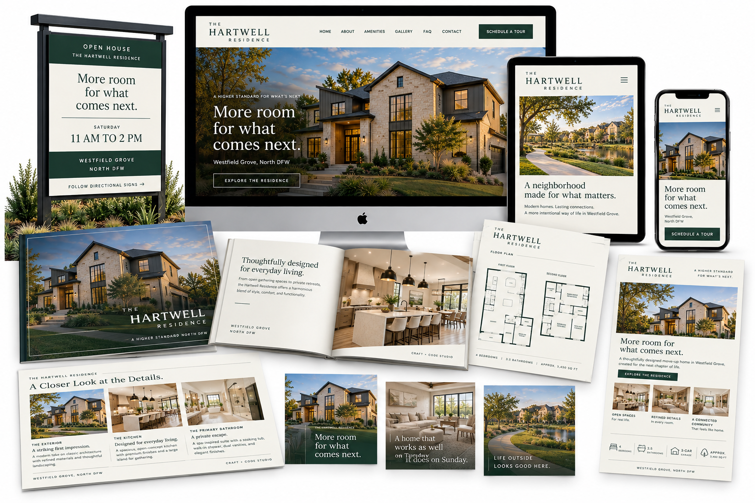 Complete Hartwell Residence marketing system working together across website, signage, brochure, floor plan, email, social, and sales materials