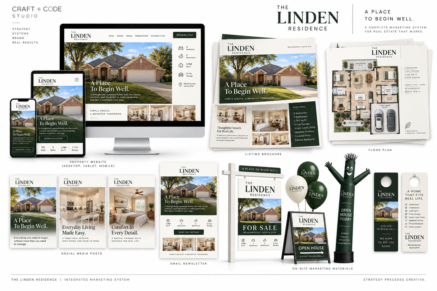 The complete Linden Residence marketing system across website, brochure, floor plan, email, social media, signage, and on-site materials