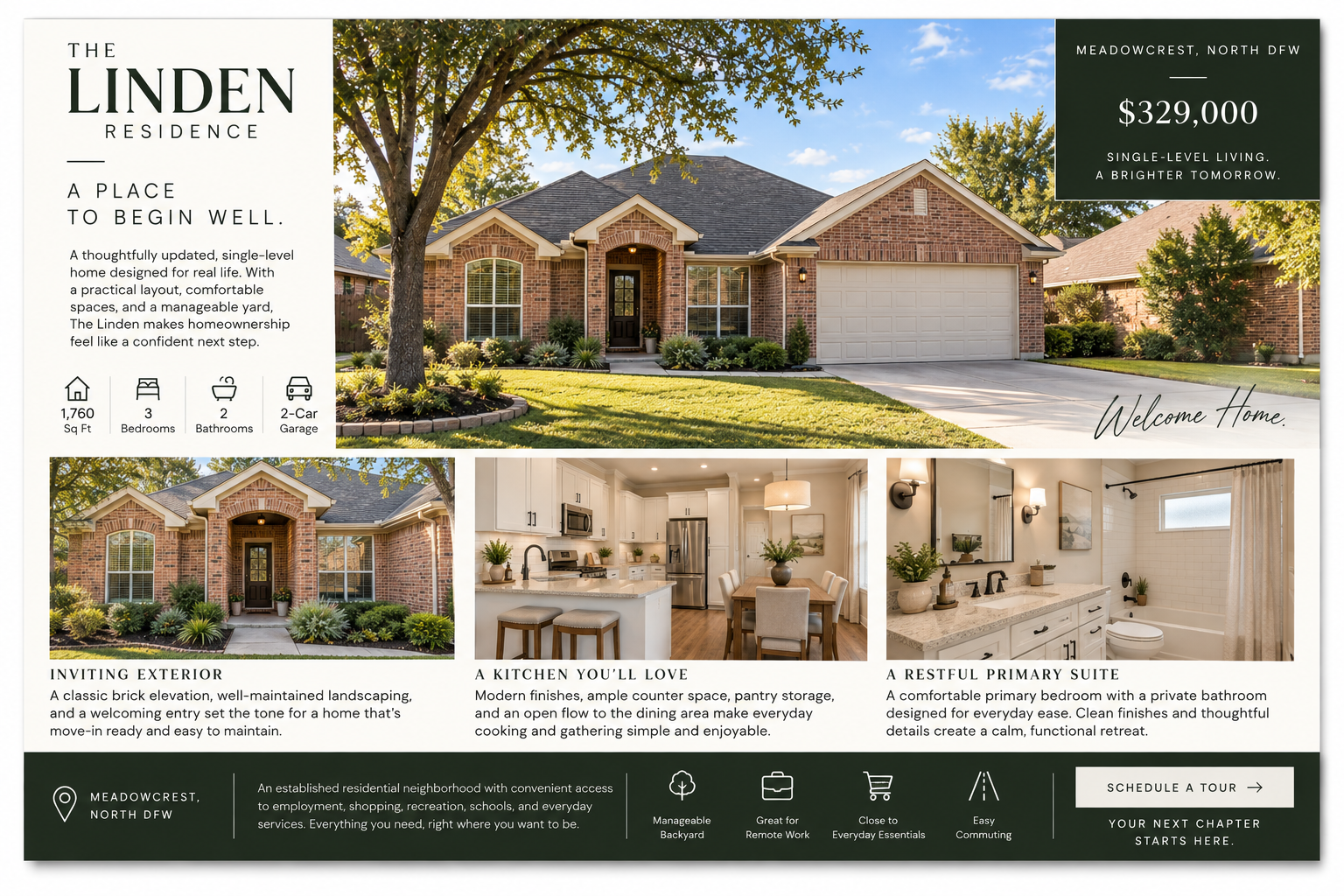The Linden Residence property sales sheet with price, features, neighborhood context, and tour call to action