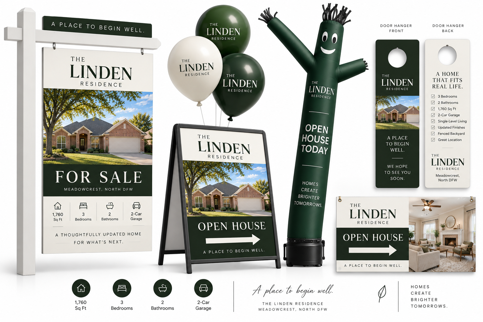 The Linden Residence listing signage, open-house direction, balloons, inflatable display, and door-hanger system