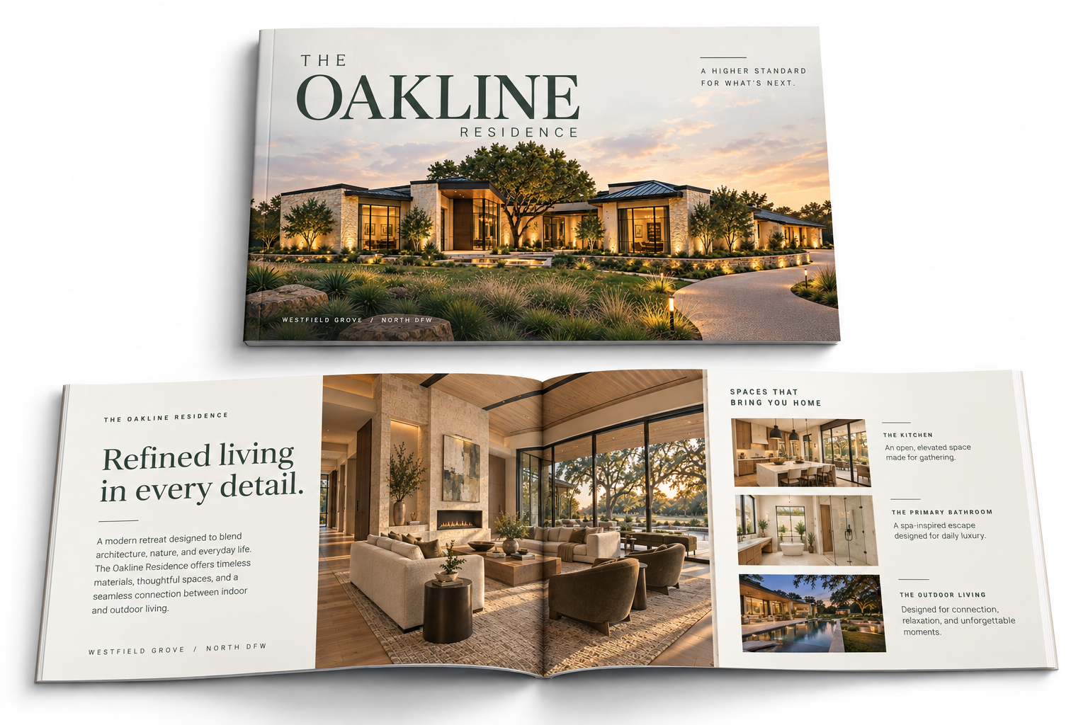 Oakline Residence brochure cover and open editorial property spread