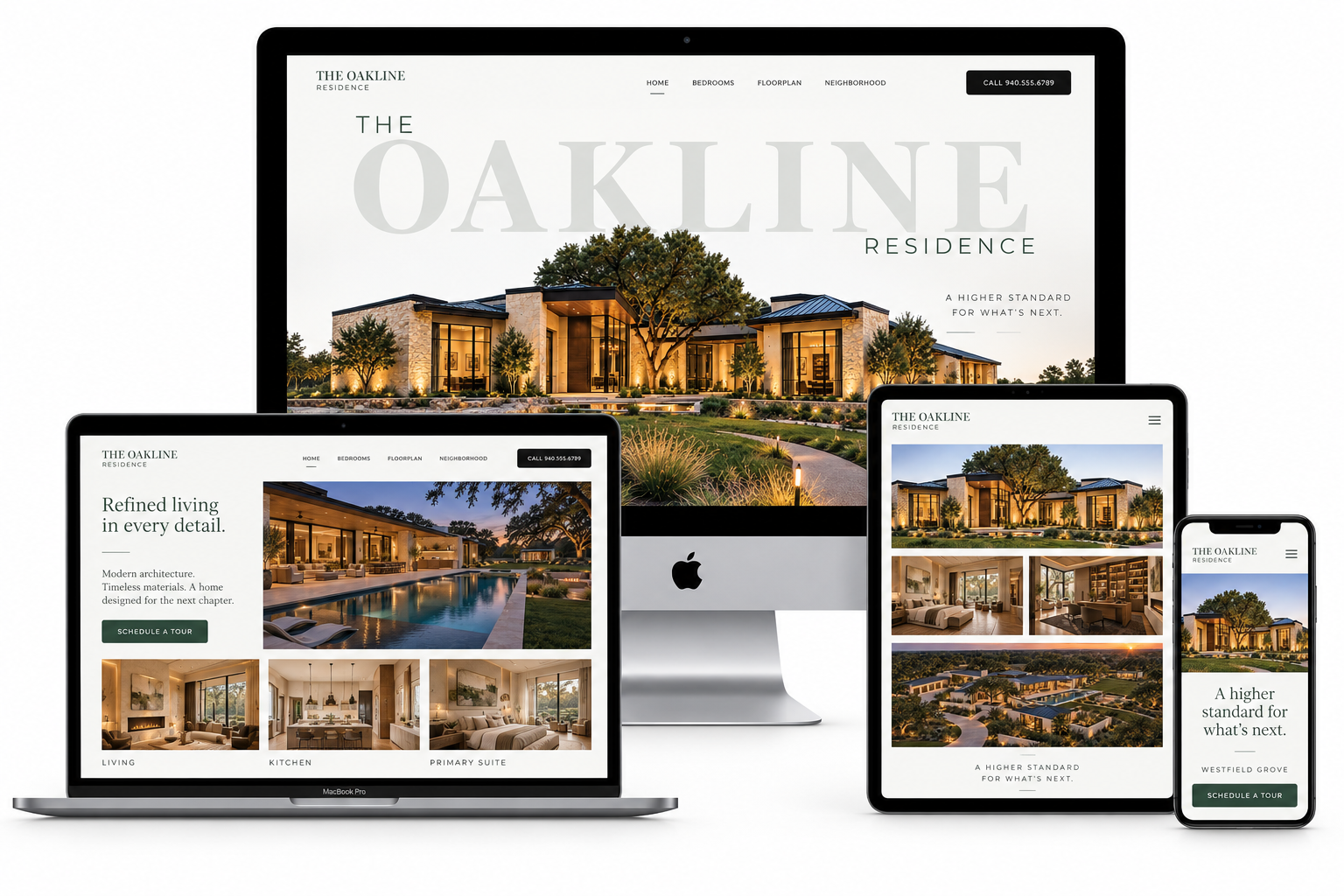 Oakline Residence digital presence across desktop, laptop, tablet, and mobile devices
