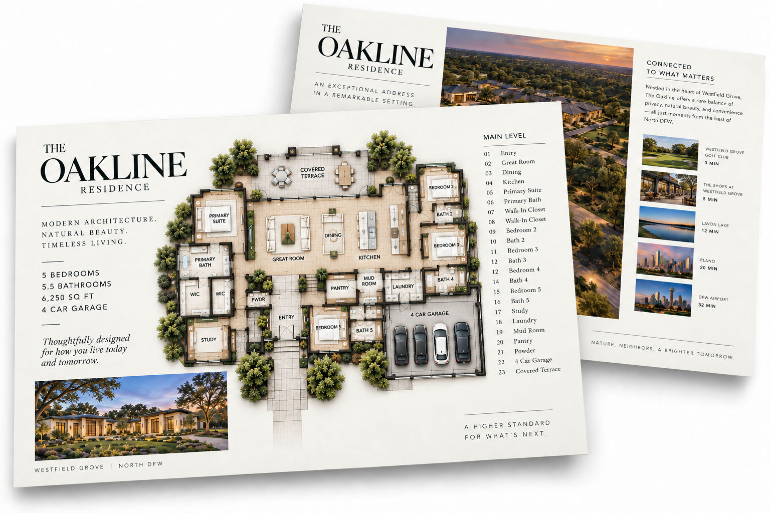 Oakline Residence floor-plan presentation showing five bedrooms and five bathrooms within the home