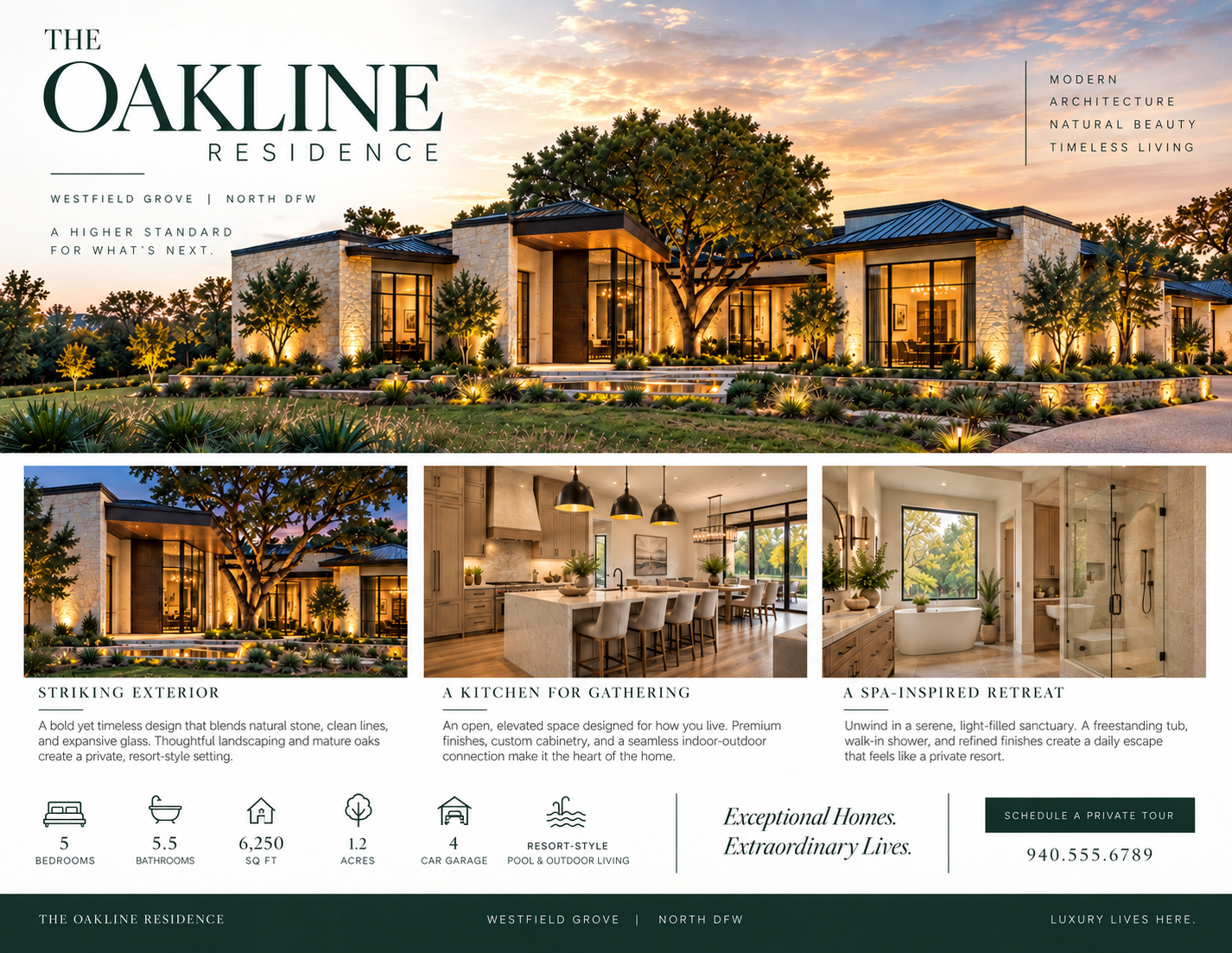 Oakline Residence sales sheet presenting the five-bedroom, five-and-a-half-bathroom Signature Property