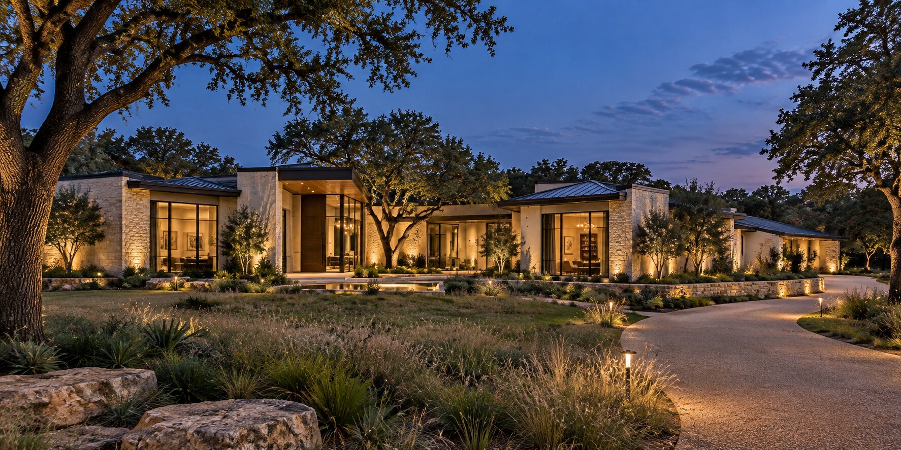 Contemporary stone estate framed by mature trees at blue hour