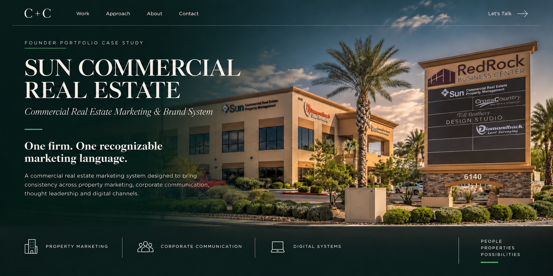 Sun Commercial Real Estate founder portfolio case study hero showing the firm, the Red Rock Business Center, and the unified property, corporate, and digital marketing system.